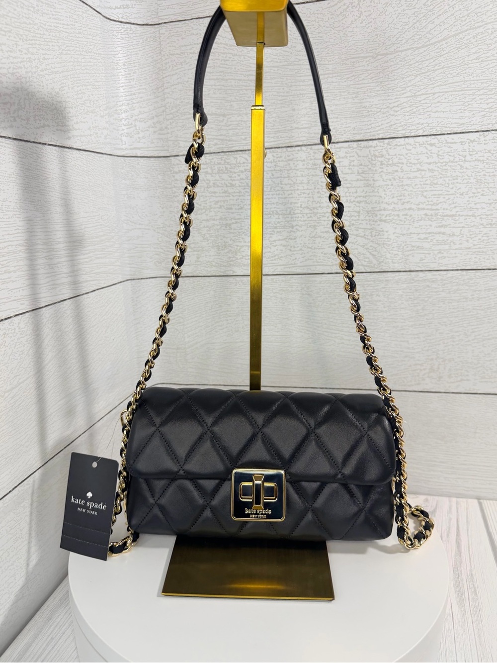 Kate Spade Carey Quilted Mini Black Leather Crossbody Gold & Dust Bag $329 — NWT